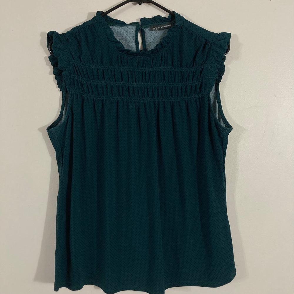 Adrianna Papell Blouse Womens Medium Teal Polka Dot Smocked Ruffle Top